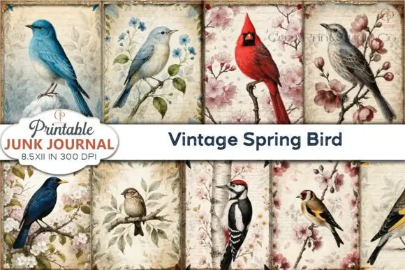 Vintage Spring Bird Junk Journal Pages – Printable Floral Bird Ephemera Papers, Rustic Nature Journal Kit, Antique Spring Collage Backgrounds for Scrapbooking & DIY Crafts