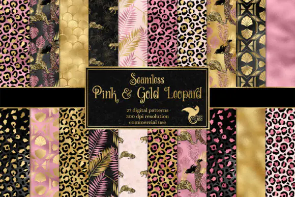 Pink and Gold Leopard Digital Paper Bundle – Glam Animal Print Backgrounds, Seamless Leopard Patterns, Luxury Pink Safari Textures & Matching Clipart PNG Set