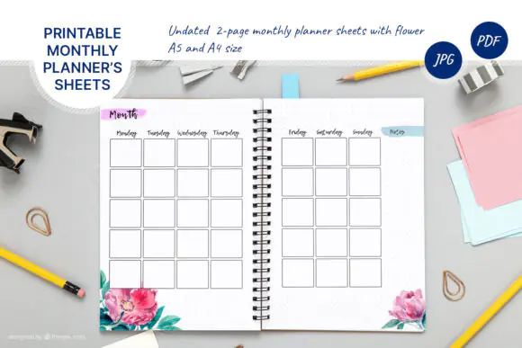 Undated Monthly Planner Sheets with Watercolor Flowers – Printable A4 & A5 Monthly Organizer, Floral Planner Pages, Business Planning Inserts, Dotted Notes Pages & Reusable Undated Planner PDF