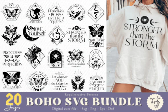 Boho SVG Bundle, Floral Moon SVG, Celestial Boho Quotes Bundle, Cricut SVG Files, Silhouette Cut Files, Self Love Boho PNG Bundle, Hippie Moon Designs, Butterfly Floral SVG Pack
