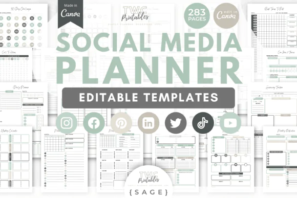 Social Media Planner Canva Templates Bundle | 283 Editable A4 & US Letter Content Planner Pages for Instagram, Facebook, Pinterest, Twitter/X, LinkedIn, TikTok & YouTube