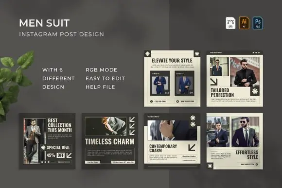 Men Suit Catalog Instagram Post Templates | 6 Premium Fashion Social Media Designs in AI, EPS & PSD Format for Menswear Brands, Tailors, Boutiques & Lifestyle Promotions