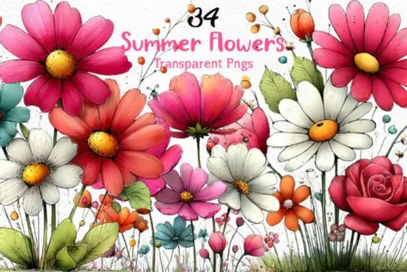 Whimsical Summer Flowers Clipart PNG Bundle, Watercolor Floral Summer Graphics, Cute Hand Painted Flower Sublimation Designs, Bright Botanical Illustration Set