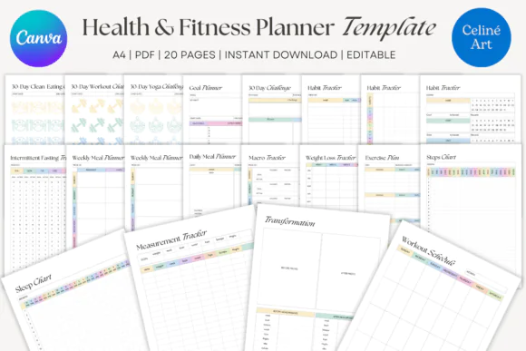 Health & Fitness Planner Canva Templates – Editable Wellness Planner, Workout Tracker, Meal Planner, Weight Loss Journal, Habit Tracker, Sleep Tracker & Fitness Goal Planner
