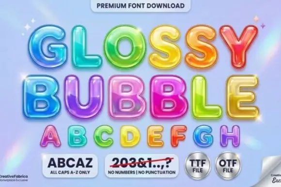 Glossy Bubble Font | Cute Shiny 3D Bubble Display Typeface for Stickers, Party Invitations, Kids Designs, Apparel, Crafts & Playful Branding