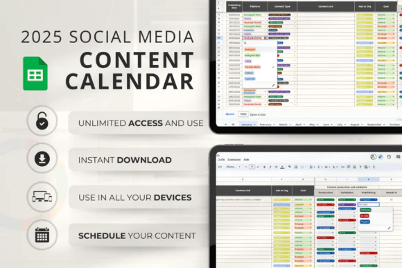 Google Sheets Content Calendar 2025 | Social Media Planner Spreadsheet for Facebook, Instagram, LinkedIn, Pinterest, YouTube & TikTok | Editable KPI Growth Tracker for Small Businesses & Social Media