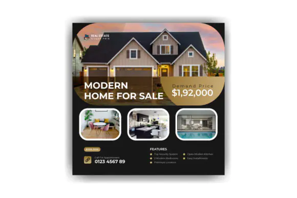 Real Estate House Social Media Post Template, Editable Property Listing Square Banner, Premium Vector Realtor Marketing Design, AI & EPS Files