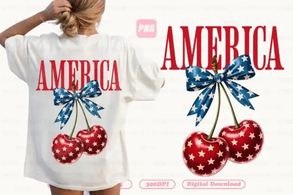 4th of July America Cherry Coquette Bow PNG Bundle | Patriotic Cherry Bow Sublimation Design | Retro America Graphic | Independence Day Shirt PNG | Trendy Coquette USA Clipart Digital Download