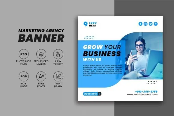 Marketing Agency Social Media Post Template, Editable Photoshop Business Promotion Design, Corporate Digital Marketing Banner, Agency Advertising Graphic