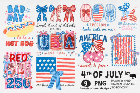4th of July Hand Drawn PNG Bundle, Patriotic USA Sublimation Designs, Independence Day Clipart Graphics, Cute American Holiday Illustration Set for Crafts