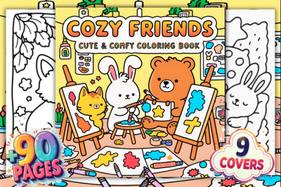 Cozy Friends Cute & Comfy Coloring Pages – Bold & Easy Kawaii Coloring Book for Kids & Adults | Printable PDF, PNG & JPG | Relaxing Cute Animal Coloring Pages