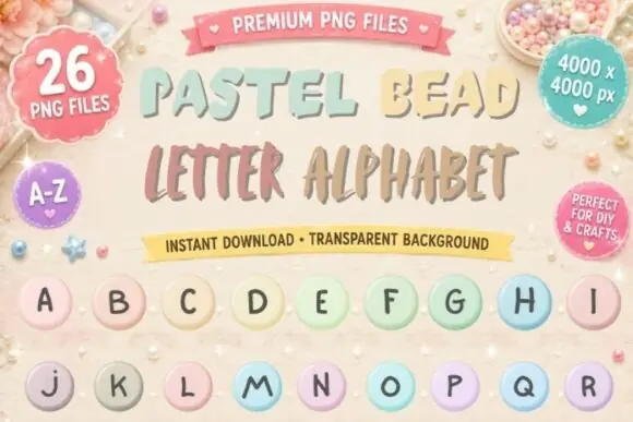 Pastel Bead Alphabet PNG Bundle | Cute Y2K Friendship Bracelet Letters | Kawaii Pastel Alphabet Clipart | Printable Aesthetic Letter PNGs for Cricut, Sublimation & Scrapbooking
