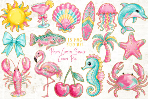 Preppy Coastal Summer Clipart PNG Bundle, Cute Beach & Ocean Aesthetic Graphics, Pastel Nautical Sublimation Designs, Trendy Seaside Summer Illustration Set