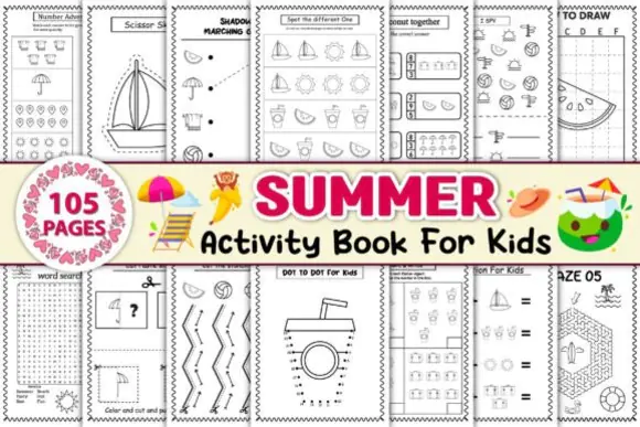 Summer Activity Book for Kids Volume 01 | 105 Printable Learning & Coloring Activities for Preschool & Kindergarten | KDP Interior Bundle with AI EPS PDF PNG JPG Files