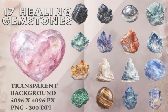 Watercolor Healing Crystal Clipart Bundle – 17 Mystical Gemstone PNG Illustrations, Spiritual Crystal Watercolor Graphics, Transparent Sublimation Designs, Wellness & Boho Digital Art Collection