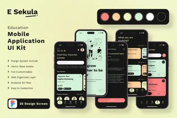 Education App Mobile UI Kit – 20 Premium Screens, 80+ UI Elements, eLearning Course App Design, Adobe XD, Photoshop & Sketch Templates, Modern Educational Mobile Interface
