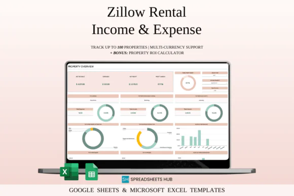 Zillow Property Tracker for Google Sheets & Excel – Rental Property Income and Expense Tracker, Airbnb Host Dashboard, ROI Calculator, 5-Year Forecast, Property Management Spreadsheet & Tax Report Tem