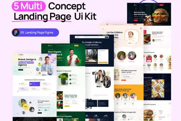 5 Multi Concept Landing Page UI Kit for Figma – Modern Responsive Website Templates, Creative Agency, Startup, SaaS, Portfolio & Business Landing Pages, Fully Editable UX/UI Design System