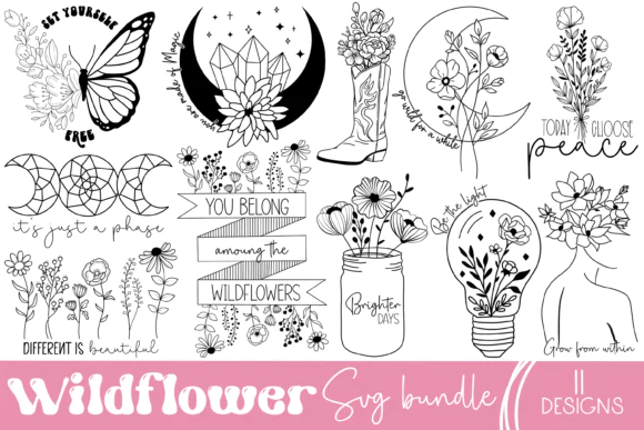 Wildflower Celestial SVG Bundle, Boho Floral Moon SVG Pack, Mystical Flower PNG Bundle, Celestial Cricut Cut Files, Witchy Wildflower SVG Designs, Boho Aesthetic SVG Bundle