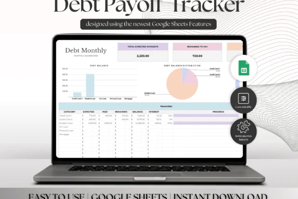 Debt Payoff Tracker Spreadsheet – Editable Google Sheets Debt Dashboard, Snowball & Avalanche Payoff Planner, Monthly Debt Progress Tracker, Payment Schedule, Transaction Log & Extra Payment Calculato