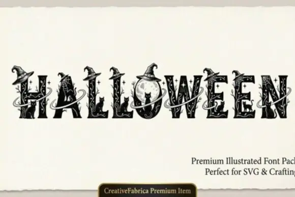 Midnight Spellbook Halloween Font | Highly Detailed Illustrated Display Font with Cats, Moons, Vines, Cobwebs & Witch Hats for Spooky Designs