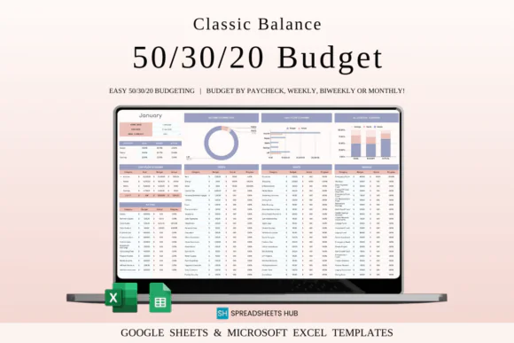 50/30/20 Monthly Budget Spreadsheet for Excel & Google Sheets, Personal Finance Planner, Income Expense Tracker, Needs Wants Savings Budget Template, Debt Payoff Tracker, Monthly Money Organizer