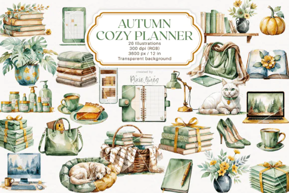 Autumn Cozy Planner Clipart Bundle – Bookworm Girl Boss Watercolor PNG Collection, Fall Productivity Aesthetic, Planner Accessories, Laptop & Tablet Illustrations, Cozy Workspace Decor, Scrapbooking &