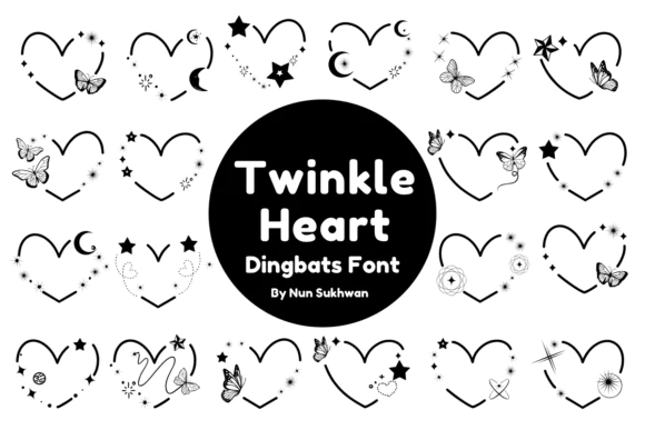 Twinkle Heart Dingbats Font | Celestial Heart Icon Font with Stars, Moons, Butterflies & Sparkles for Wedding Stationery, Branding, Gifts & Magical Designs