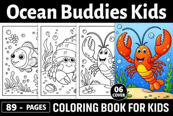 Ocean Buddies Kids Coloring Book | 89 Printable Ocean Animal Coloring Pages for Kids | Sea Life Coloring Book KDP Interior | PDF PNG JPG SVG EPS Files
