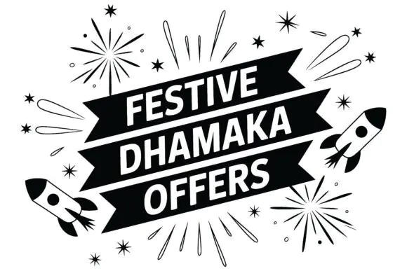 Festive Dhamaka Offers Text with Rockets & Fireworks | Black and White Sale Promotion Vector Graphic with EPS & JPG Files for Festival Discounts, Banners, Ads, Posters & Marketing Campaigns