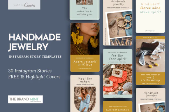 30 Handmade Jewelry Instagram Story Templates for Canva – Boho Jewelry Brand Social Media Kit, Editable Artisan Shop Story Bundle, Crystal Boutique Marketing Templates + 15 Free Highlight Covers