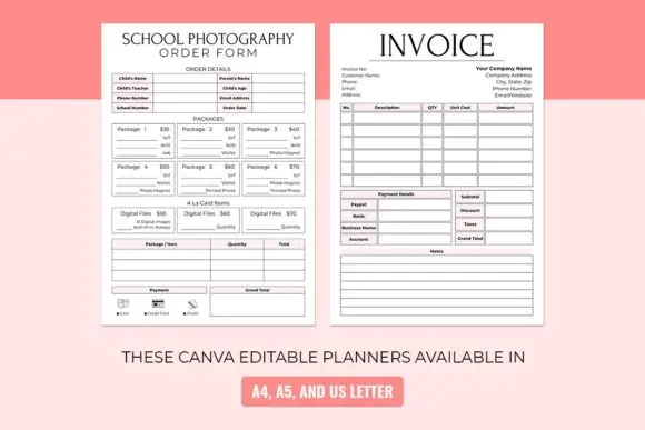 School Photography Order Form Template Bundle – Editable School Photo Order Forms, Photography Invoice Template, Thank You Card, Scan to Pay Sign, Canva Business Forms for Photographers