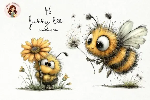 Whimsical Fuzzy Bee PNG Clipart Bundle, Cute Watercolor Bee Illustrations, Pastel Hand Drawn Insect Sublimation Designs, Cozy Storybook Bee Graphics Set