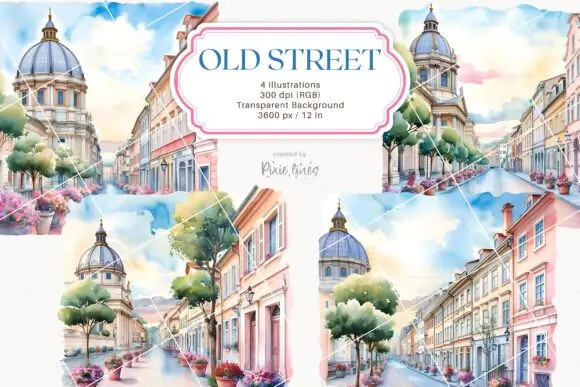 Vintage European Street Watercolor Clipart Bundle | Old Town Architecture Illustrations | Paris-Inspired Cityscape PNG | Antique Street Scene Art | Travel Scrapbook Graphics | Commercial Use