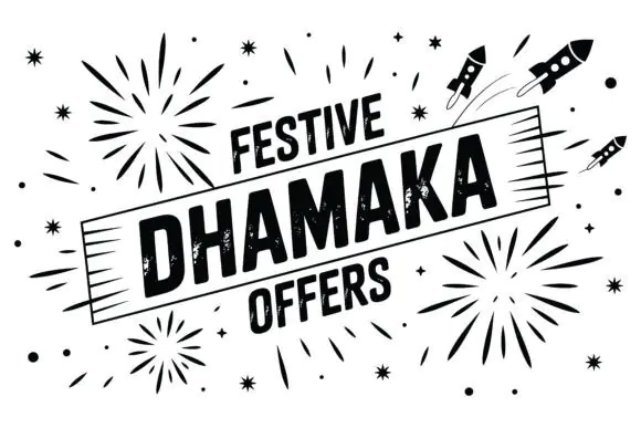 Festive Dhamaka Offers with Rockets and Fireworks Vector Design | Celebration Sale Announcement Graphic with EPS & JPG Files for Festival Discounts, Promotional Banners, Posters, Flyers, Ads & Marketi