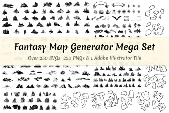 Fantasy Map Maker Mega Set – 250+ Fantasy Map Assets Bundle | SVG & PNG RPG Cartography Kit | Medieval Kingdom Map Creator | D&D World Building Elements | Castles, Mountains, Trees, Borders & Landmass