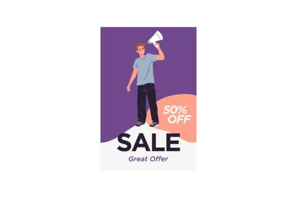 Young Man Holding Megaphone Sale Announcement Vector Illustration | Happy Shopper Marketing & Advertising Graphic for Website Banner, Landing Page, Promo Design, Online Store, Business Campaigns & Sho