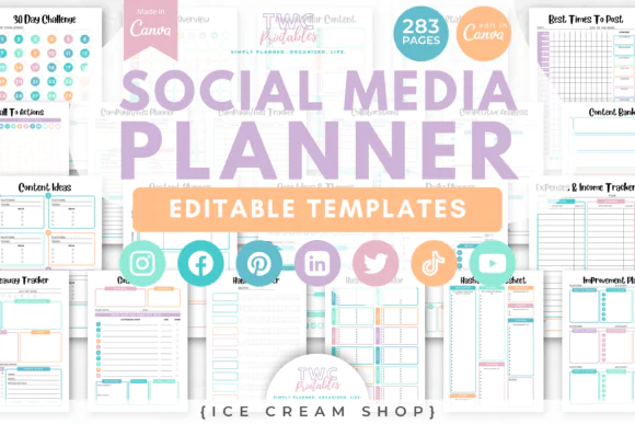 Social Media Planner Canva Templates Bundle | 283 Editable Ice Cream Shop Style Content Planner Pages for Instagram, Facebook, Pinterest, Twitter/X, LinkedIn, TikTok & YouTube