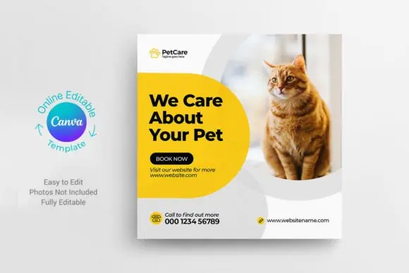 Pet Care Service Social Media Post Canva Template, Editable Instagram & Facebook Pet Business Banner, Dog Grooming, Veterinary & Pet Sitting Promo Design