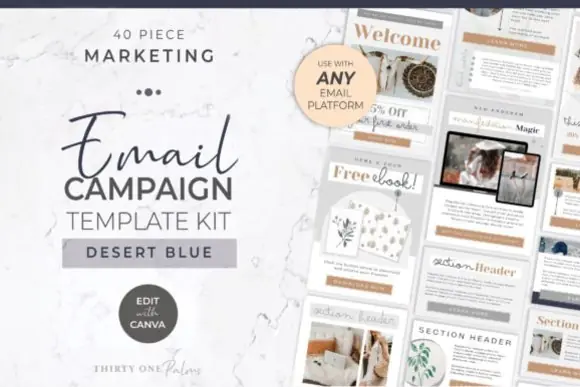 Editable Email Marketing Canva Template Set | 40 Mix & Match Newsletter Sections | Bohemian Desert Blue Email Campaign Templates for Mailchimp, Flodesk, MailerLite, Klaviyo & More