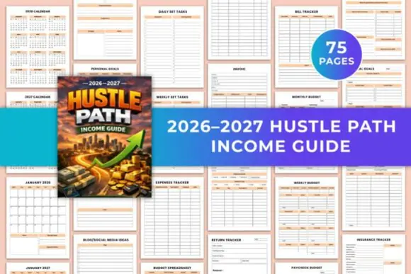 2026–2027 Hustle Path Income Guide Canva Template | 76-Page Editable Side Hustle Planner, Business Strategy Workbook, Income Tracker, Budget Planner & Financial Growth Journal for Entrepreneurs