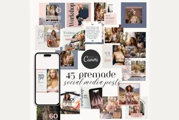 Feminine Elegance Social Media Post Kit, 45 Editable Canva Fashion Brand Templates, Luxury Instagram Post Bundle, Boutique Marketing Graphics