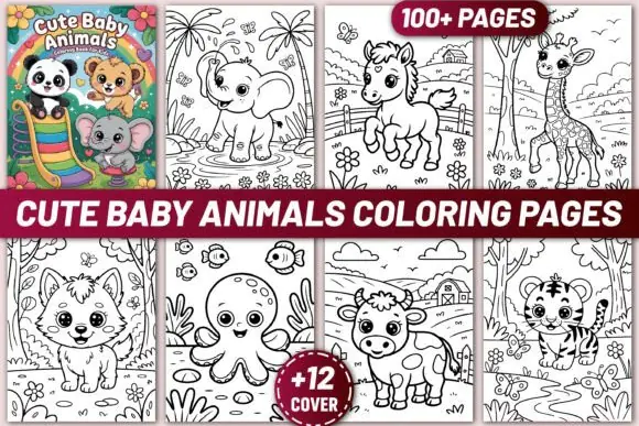 100+ Cute Baby Animals Coloring Pages for Kids | Printable Animal Coloring Book Bundle for KDP | Kawaii Farm, Jungle & Ocean Animals | PDF PNG JPG SVG Files
