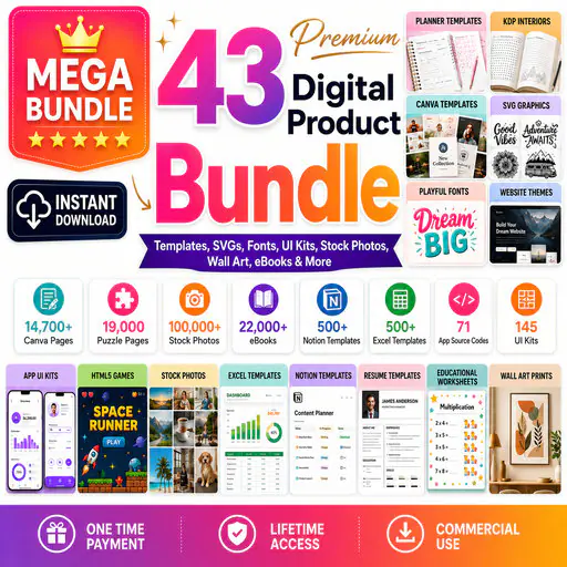 43 Premium Digital Product Bundle, Canva KDP Templates, Planners, SVGs, Fonts, UI Kits, Stock Photos, Wall Art, eBooks & More