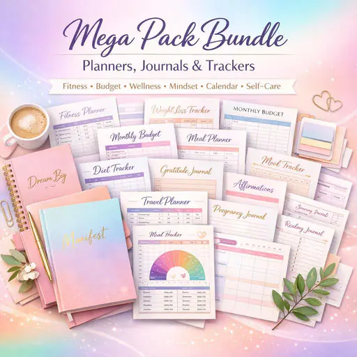 Digital Planners, Journals & Trackers Mega Pack | Printable Canva Bundle | Fitness, Budget, Wellness and Manifestation Set
